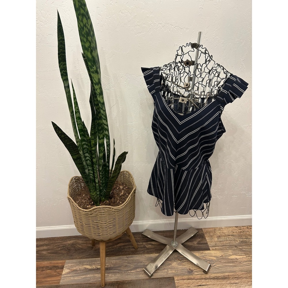 Monteau Los Angeles Navy White Striped Peplum Top Ruffle Sleeve V-Neck XL